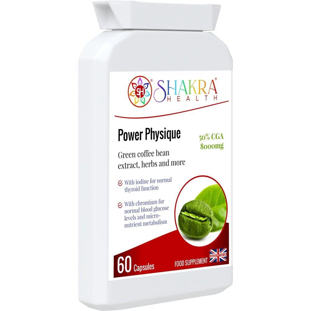 Buy Power Physique | Unique Green Coffee Bean, High Strength Natural SIimming & Energy Formula - A high-strength, natural sIimming formula. It contains green coffee bean (8000mg) derived from "raw" unroasted coffee beans and provides 50% chlorogenic acid (CGA). Supports appetite control, reduces cravings, increases fat burning and thereby promotes weight reduction. at Sacred Remedy Online