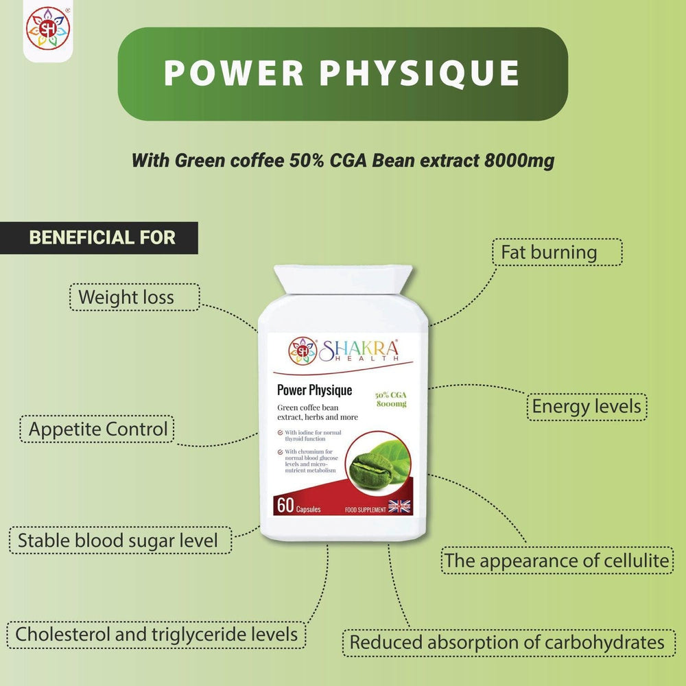 Buy Power Physique | Unique Green Coffee Bean, High Strength Natural SIimming & Energy Formula - A high-strength, natural sIimming formula. It contains green coffee bean (8000mg) derived from "raw" unroasted coffee beans and provides 50% chlorogenic acid (CGA). Supports appetite control, reduces cravings, increases fat burning and thereby promotes weight reduction. at Sacred Remedy Online