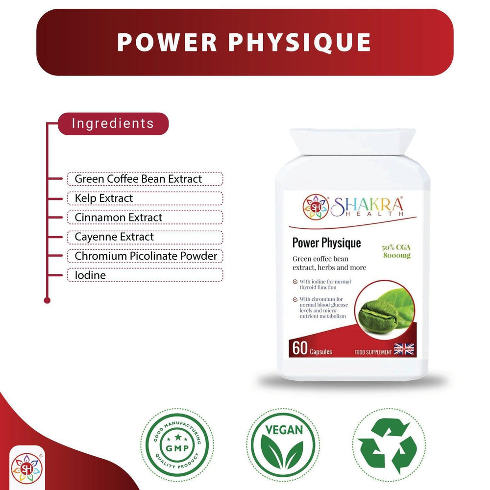 Buy Power Physique | Unique Green Coffee Bean, High Strength Natural SIimming & Energy Formula - A high-strength, natural sIimming formula. It contains green coffee bean (8000mg) derived from "raw" unroasted coffee beans and provides 50% chlorogenic acid (CGA). Supports appetite control, reduces cravings, increases fat burning and thereby promotes weight reduction. at Sacred Remedy Online