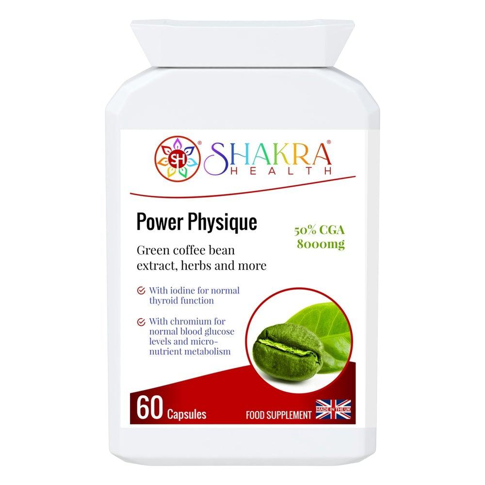 Buy Power Physique | Unique Green Coffee Bean, High Strength Natural SIimming & Energy Formula - A high-strength, natural sIimming formula. It contains green coffee bean (8000mg) derived from "raw" unroasted coffee beans and provides 50% chlorogenic acid (CGA). Supports appetite control, reduces cravings, increases fat burning and thereby promotes weight reduction. at Sacred Remedy Online