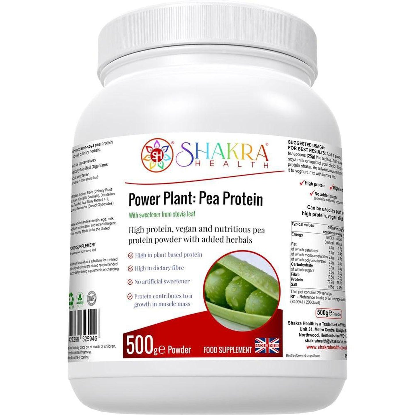 Power Plant: Vegan High Quality Pea Protein Powder with added Phyto-Nutrients - A high quality pea protein powder (from snap peas), blended with a range of other nutrient-dense superfoods and herbs for added antioxidants, fibre and phyto-nutrients - chicory root extract, green tea extract, spirulina powder, acai berry extract and stevea leaf extract as a sweetener. Buy Now at Sacred Remedy