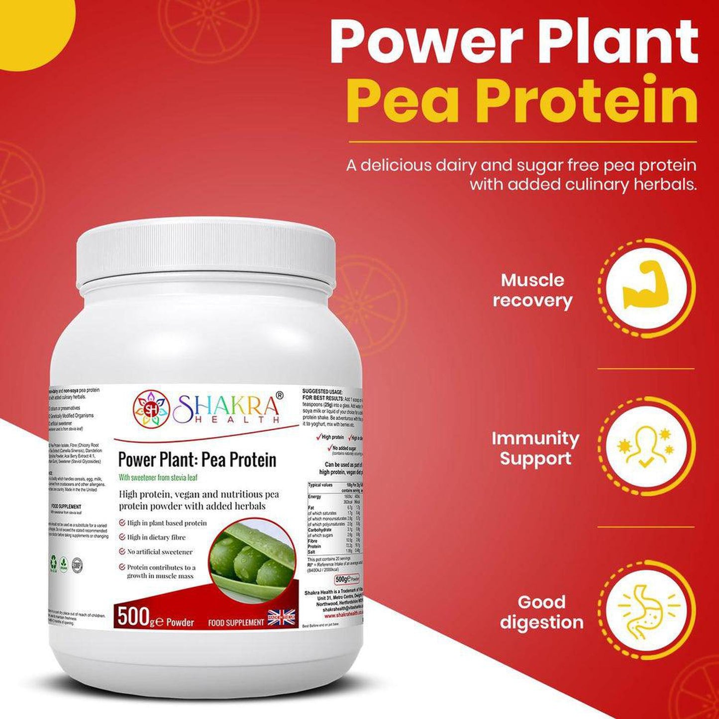 Power Plant: Vegan High Quality Pea Protein Powder with added Phyto-Nutrients - A high quality pea protein powder (from snap peas), blended with a range of other nutrient-dense superfoods and herbs for added antioxidants, fibre and phyto-nutrients - chicory root extract, green tea extract, spirulina powder, acai berry extract and stevea leaf extract as a sweetener. Buy Now at Sacred Remedy