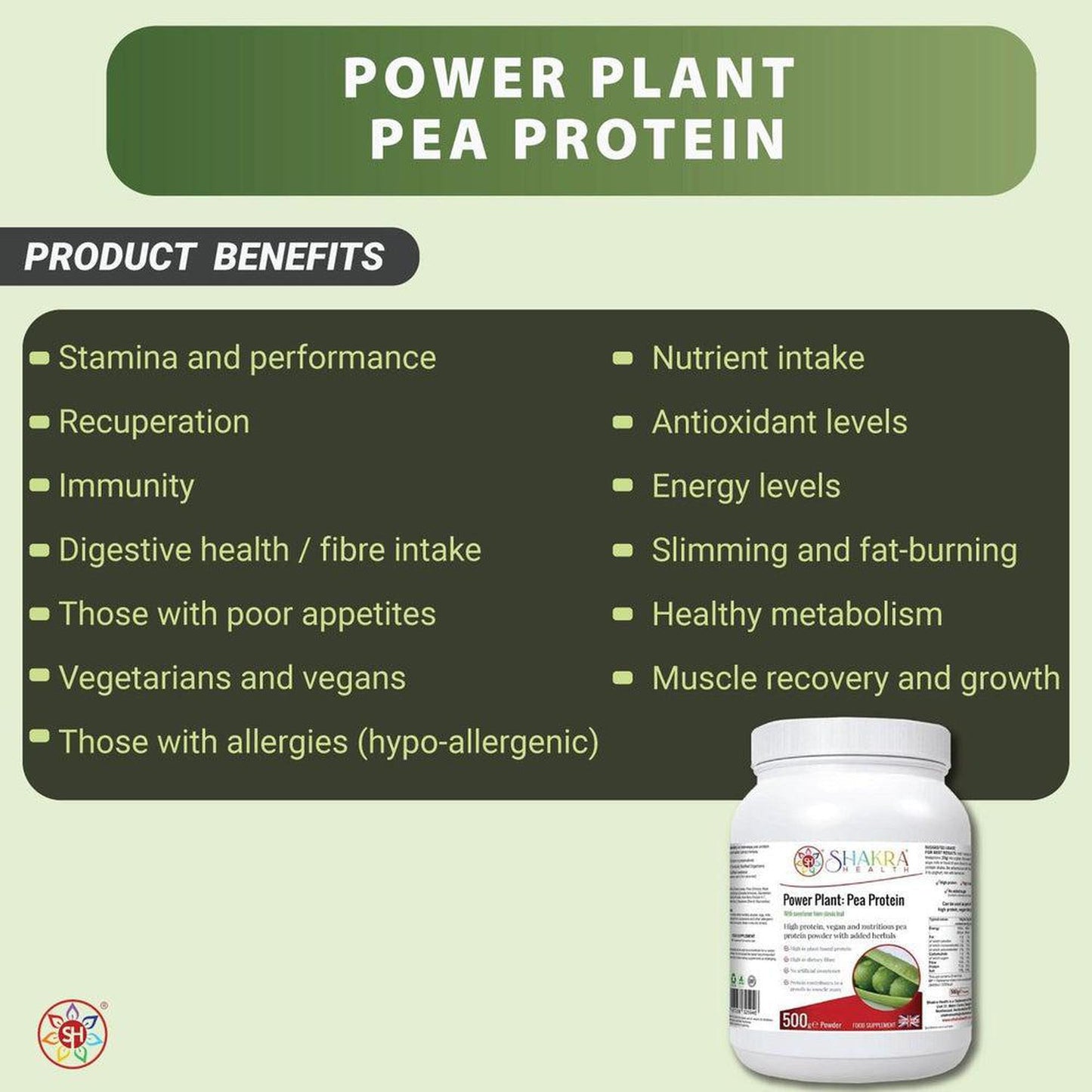 Power Plant: Vegan High Quality Pea Protein Powder with added Phyto-Nutrients - A high quality pea protein powder (from snap peas), blended with a range of other nutrient-dense superfoods and herbs for added antioxidants, fibre and phyto-nutrients - chicory root extract, green tea extract, spirulina powder, acai berry extract and stevea leaf extract as a sweetener. Buy Now at Sacred Remedy