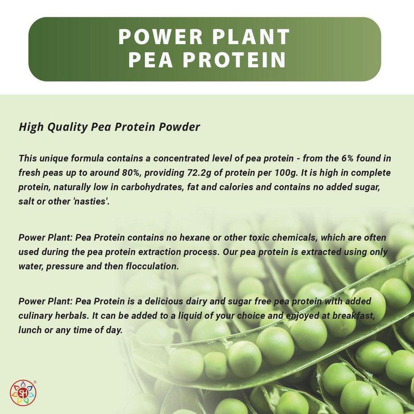 Power Plant: Vegan High Quality Pea Protein Powder with added Phyto-Nutrients - A high quality pea protein powder (from snap peas), blended with a range of other nutrient-dense superfoods and herbs for added antioxidants, fibre and phyto-nutrients - chicory root extract, green tea extract, spirulina powder, acai berry extract and stevea leaf extract as a sweetener. Buy Now at Sacred Remedy