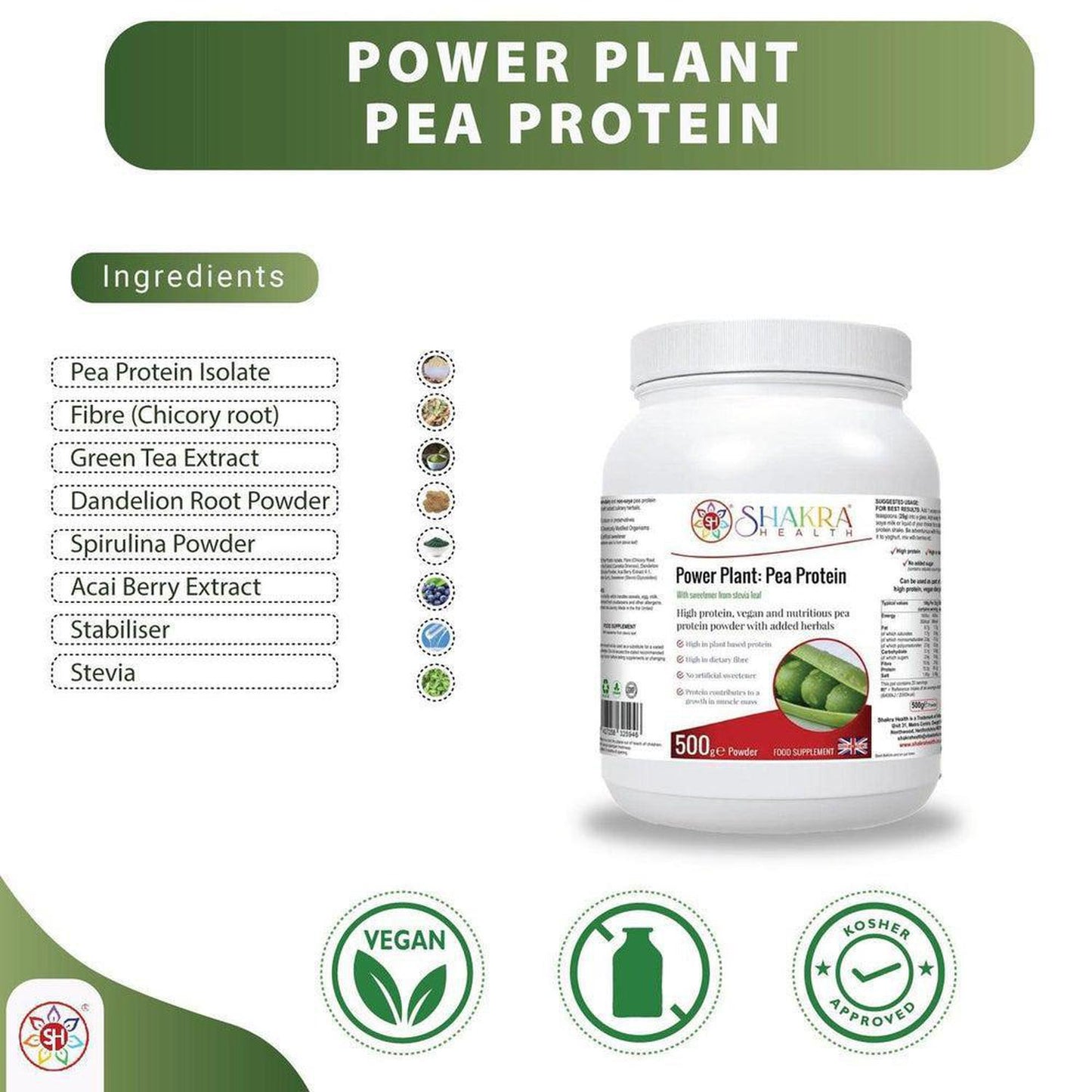 Power Plant: Vegan High Quality Pea Protein Powder with added Phyto-Nutrients - A high quality pea protein powder (from snap peas), blended with a range of other nutrient-dense superfoods and herbs for added antioxidants, fibre and phyto-nutrients - chicory root extract, green tea extract, spirulina powder, acai berry extract and stevea leaf extract as a sweetener. Buy Now at Sacred Remedy