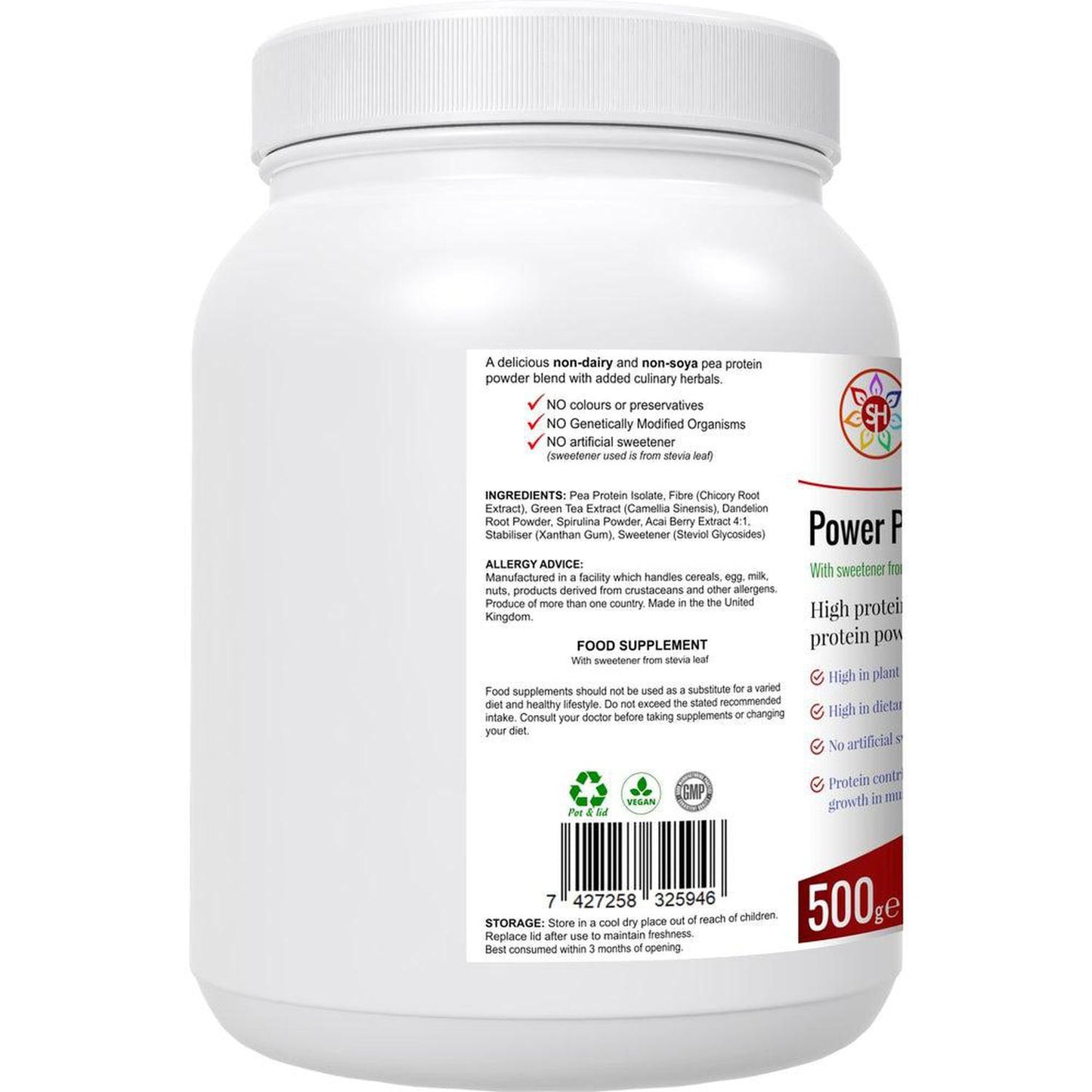 Power Plant: Vegan High Quality Pea Protein Powder with added Phyto-Nutrients - A high quality pea protein powder (from snap peas), blended with a range of other nutrient-dense superfoods and herbs for added antioxidants, fibre and phyto-nutrients - chicory root extract, green tea extract, spirulina powder, acai berry extract and stevea leaf extract as a sweetener. Buy Now at Sacred Remedy