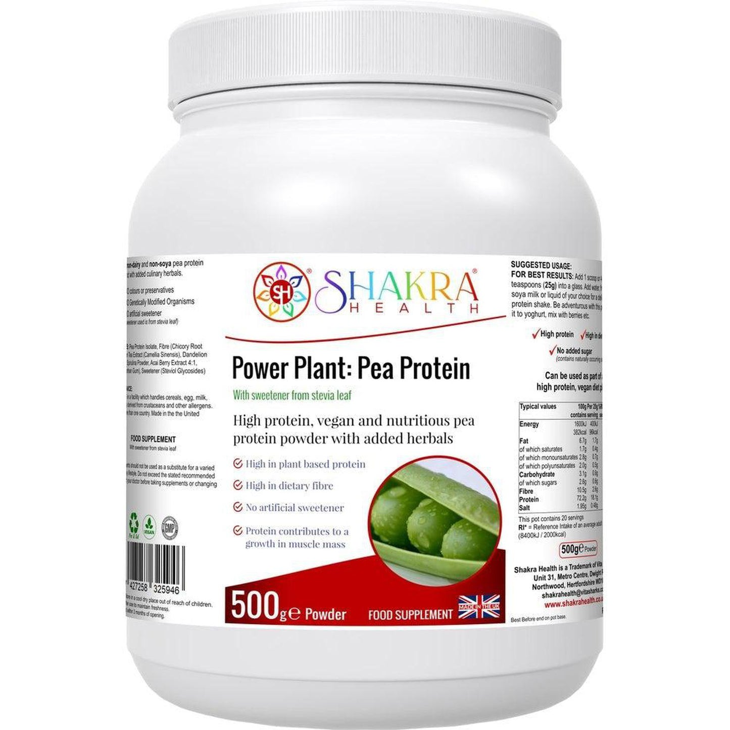 Power Plant: Vegan High Quality Pea Protein Powder with added Phyto-Nutrients - A high quality pea protein powder (from snap peas), blended with a range of other nutrient-dense superfoods and herbs for added antioxidants, fibre and phyto-nutrients - chicory root extract, green tea extract, spirulina powder, acai berry extract and stevea leaf extract as a sweetener. Buy Now at Sacred Remedy