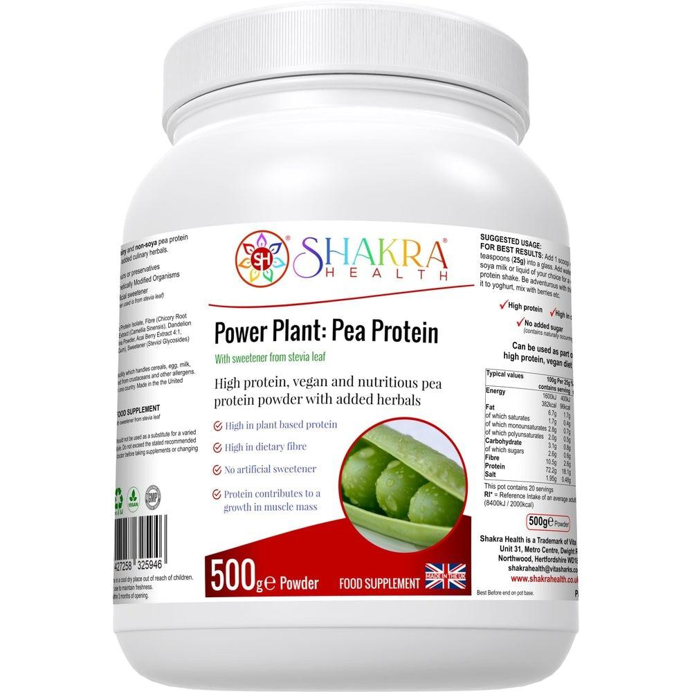 Buy Power Plant: Vegan High Quality Pea Protein Powder with added Phyto-Nutrients - A high quality pea protein powder (from snap peas), blended with a range of other nutrient-dense superfoods and herbs for added antioxidants, fibre and phyto-nutrients - chicory root extract, green tea extract, spirulina powder, acai berry extract and stevea leaf extract as a sweetener. at Sacred Remedy Online