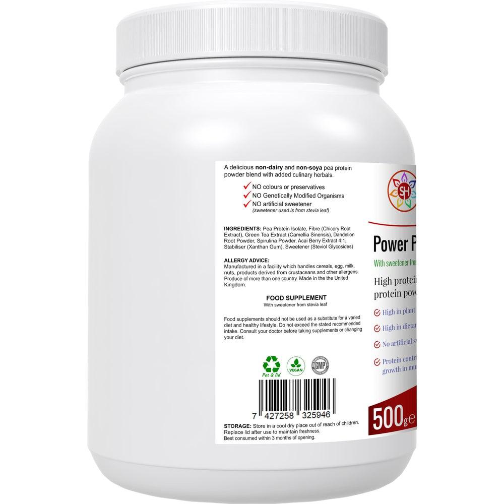 Buy Power Plant: Vegan High Quality Pea Protein Powder with added Phyto-Nutrients - A high quality pea protein powder (from snap peas), blended with a range of other nutrient-dense superfoods and herbs for added antioxidants, fibre and phyto-nutrients - chicory root extract, green tea extract, spirulina powder, acai berry extract and stevea leaf extract as a sweetener. at Sacred Remedy Online