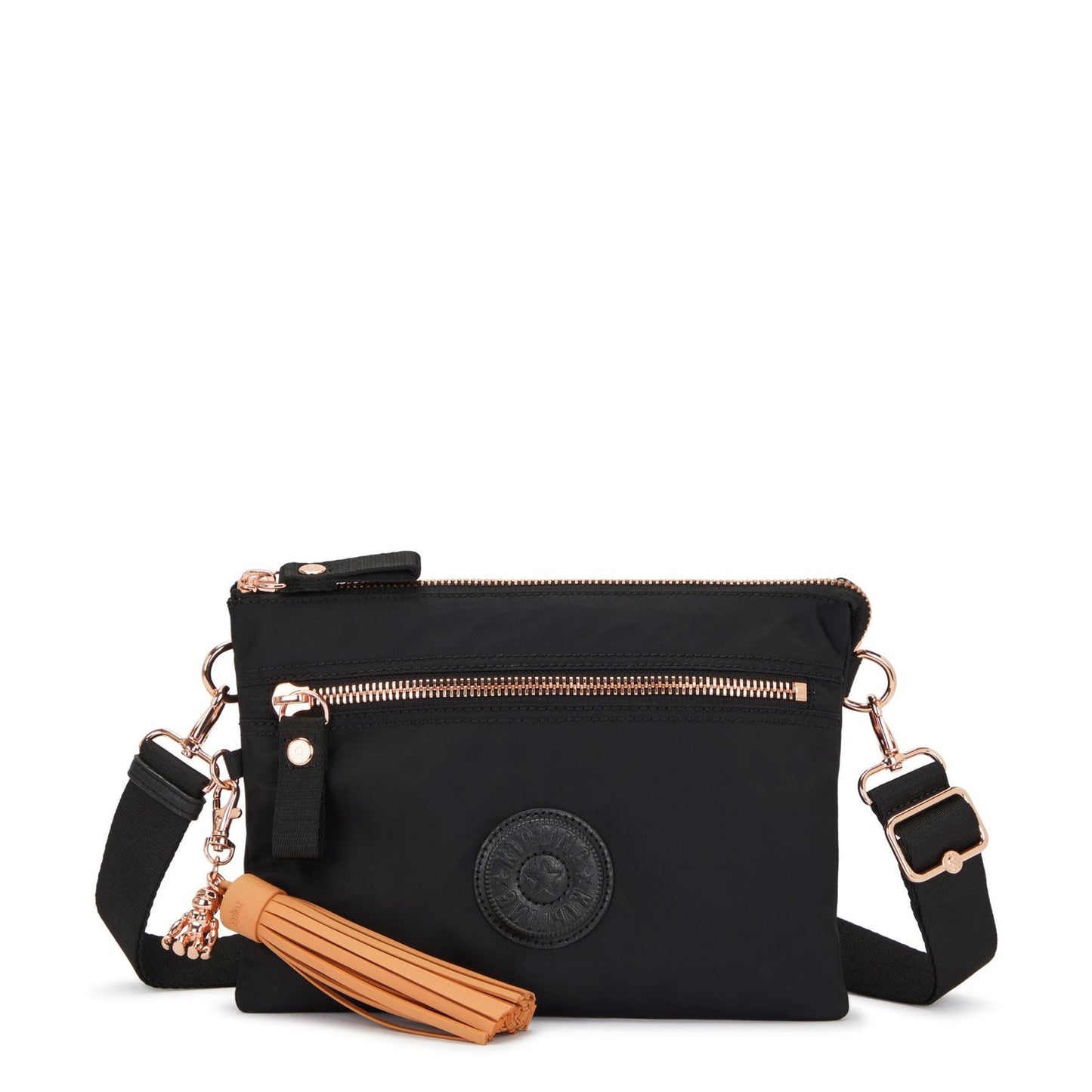 Buy Kipling Riri Large Crossbody Bag with Removable Strap | Rose Black - Looking for a stylish and functional crossbody bag that goes from work to weekend? Look no further than the Kipling Riri L in Satin Blue! This lightweight and roomy bag boasts a beautiful Black with Rose Gold finish and is packed with features to keep you organized. at Sacred Remedy Online