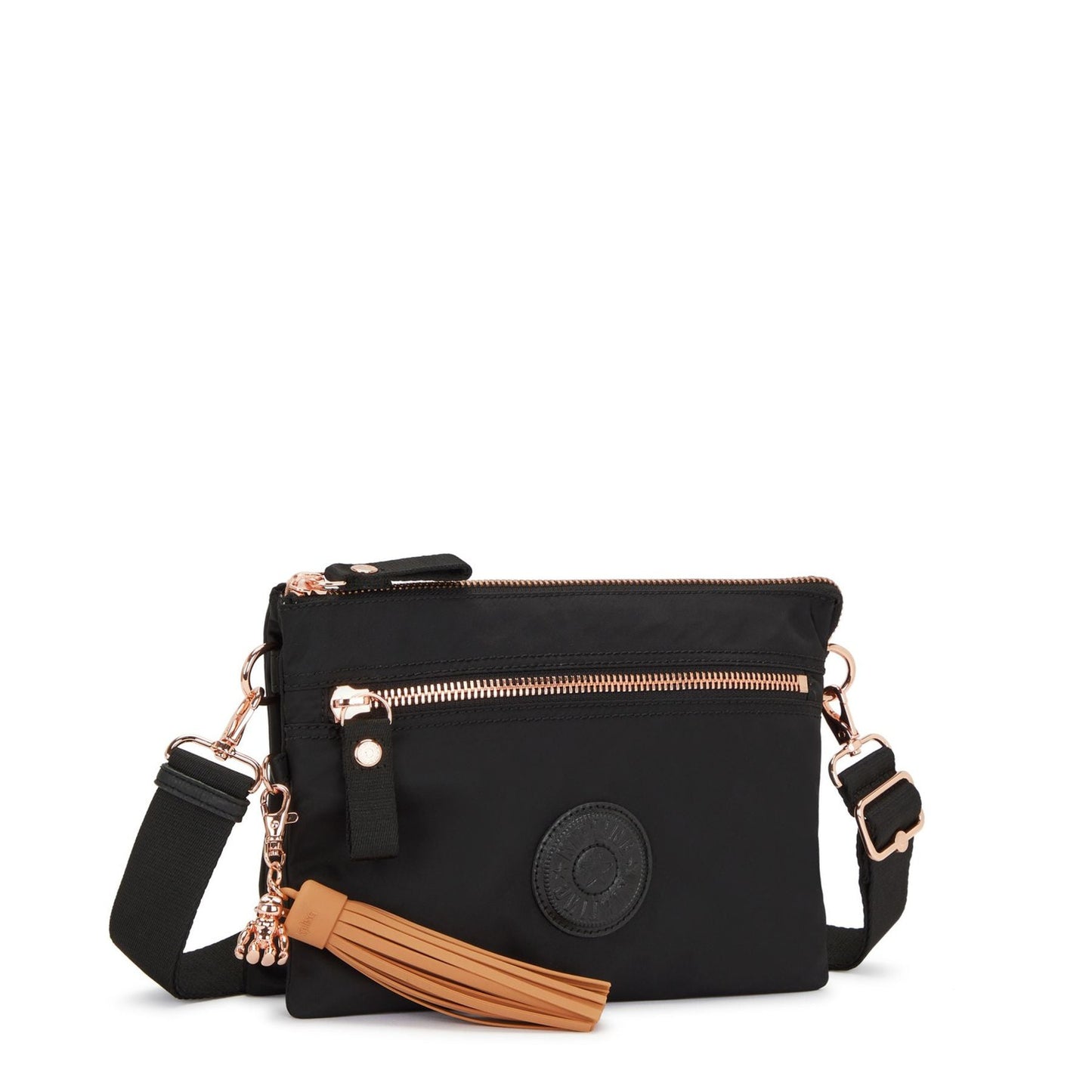 Buy Kipling Riri Large Crossbody Bag with Removable Strap | Rose Black - Looking for a stylish and functional crossbody bag that goes from work to weekend? Look no further than the Kipling Riri L in Satin Blue! This lightweight and roomy bag boasts a beautiful Black with Rose Gold finish and is packed with features to keep you organized. at Sacred Remedy Online