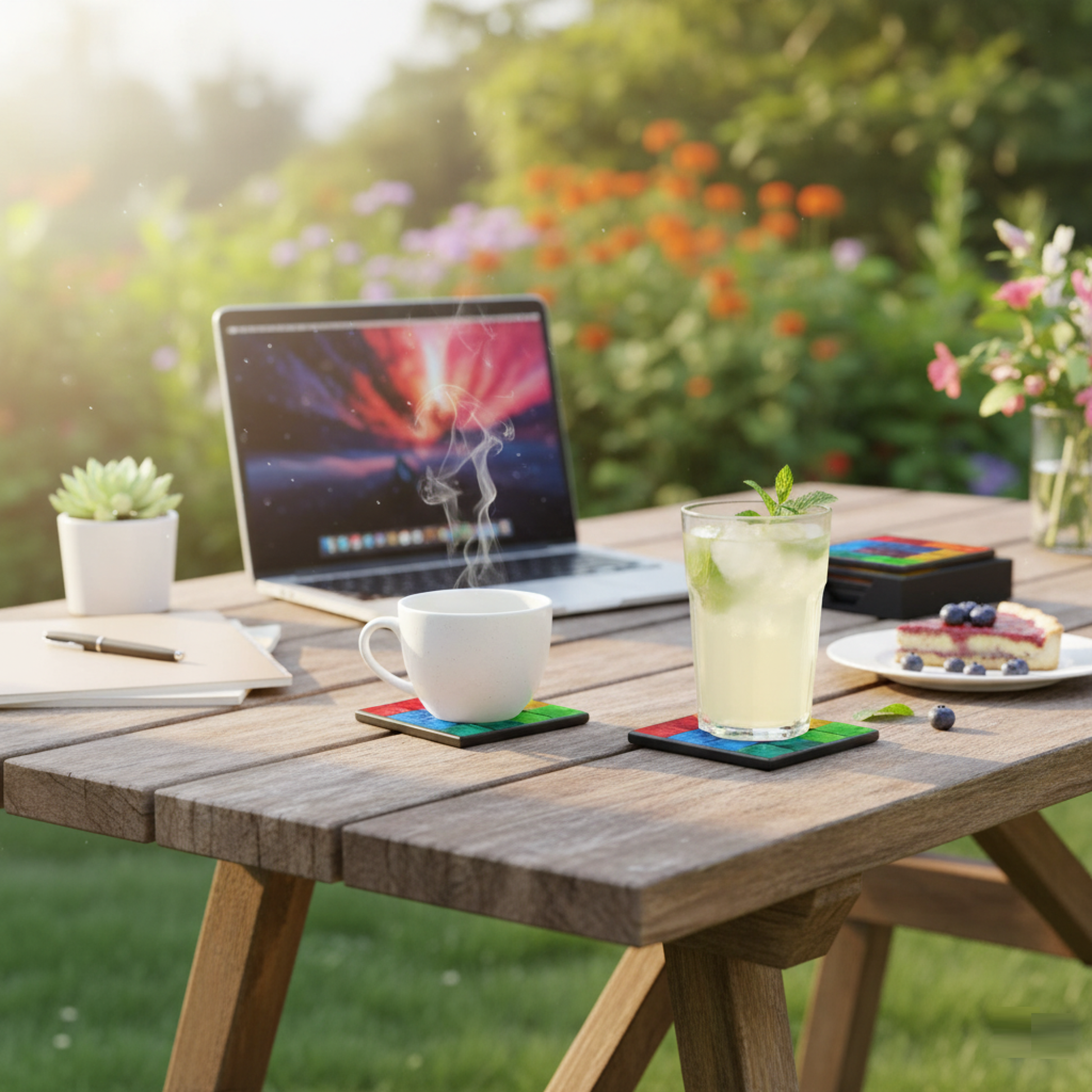 Rainbow Mosaic Coasters Set | Fair Trade Handcrafted Set of 4 - Protect your furniture in style! Shop our set of 4 vibrant, fair trade Rainbow Radiance Mosaic Coasters. Handcrafted, unique, and perfect for adding ethical flair to your home. Buy Now at Sacred Remedy