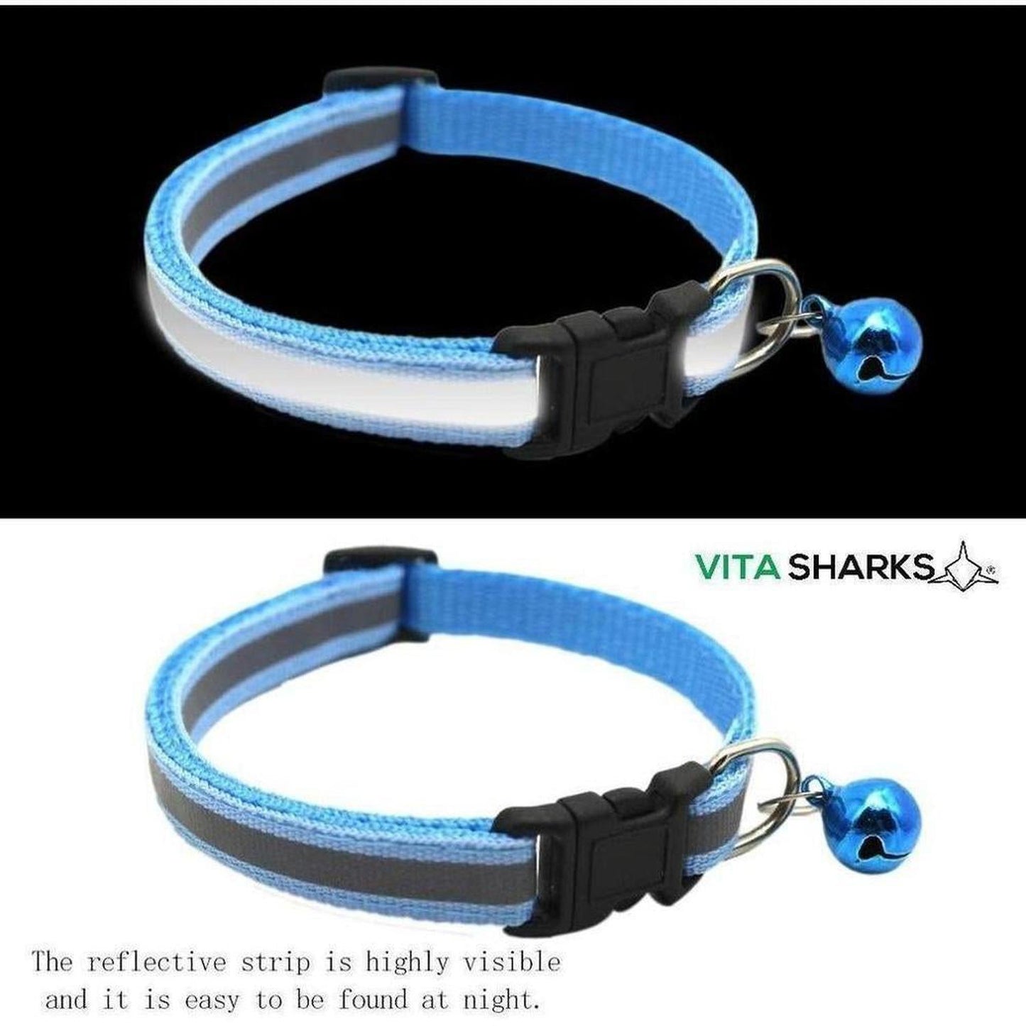 Reflective Small Animal / Kitten / Cat / Puppy Collar with Bell - The gloss reflective collar ensures that your pet is seen in the dark with car headlights. Designed with safety in mind it incorporates a break away buckle to enable your animal to get free if caught on an object. Buy Now at Sacred Remedy