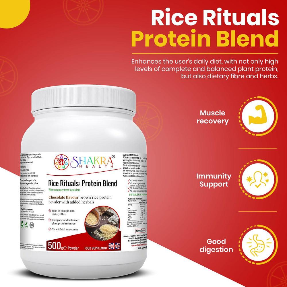 Buy Rice Rituals: Chocolate Flavour Rice Protein Blend with Green Tea - Fuel your active lifestyle with Rice Rituals: Protein Blend, a delicious and convenient way to boost your daily protein intake. This plant-based protein powder is packed with benefits for athletes, fitness enthusiasts, and anyone seeking a healthy dietary upgrade. at Sacred Remedy Online