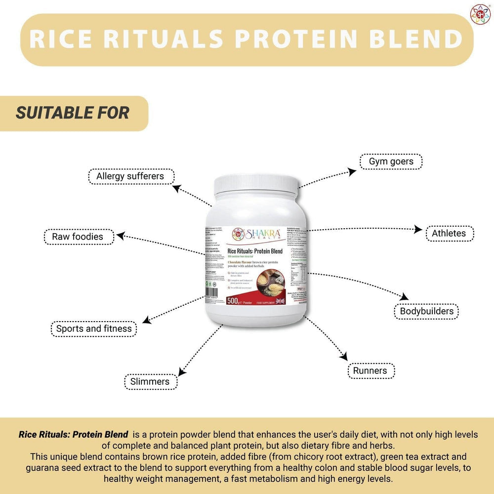 Buy Rice Rituals: Chocolate Flavour Rice Protein Blend with Green Tea - Fuel your active lifestyle with Rice Rituals: Protein Blend, a delicious and convenient way to boost your daily protein intake. This plant-based protein powder is packed with benefits for athletes, fitness enthusiasts, and anyone seeking a healthy dietary upgrade. at Sacred Remedy Online