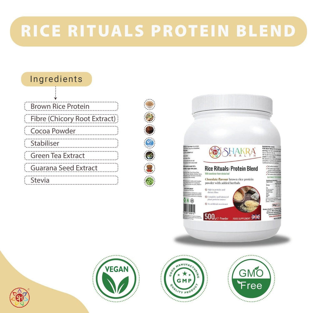 Buy Rice Rituals: Chocolate Flavour Rice Protein Blend with Green Tea - Fuel your active lifestyle with Rice Rituals: Protein Blend, a delicious and convenient way to boost your daily protein intake. This plant-based protein powder is packed with benefits for athletes, fitness enthusiasts, and anyone seeking a healthy dietary upgrade. at Sacred Remedy Online