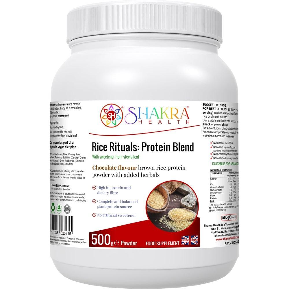 Buy Rice Rituals: Chocolate Flavour Rice Protein Blend with Green Tea - Fuel your active lifestyle with Rice Rituals: Protein Blend, a delicious and convenient way to boost your daily protein intake. This plant-based protein powder is packed with benefits for athletes, fitness enthusiasts, and anyone seeking a healthy dietary upgrade. at Sacred Remedy Online