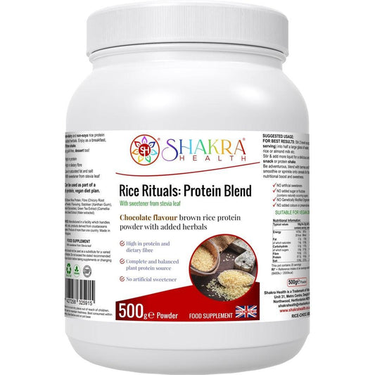 Buy Rice Rituals: Chocolate Flavour Rice Protein Blend with Green Tea - Fuel your active lifestyle with Rice Rituals: Protein Blend, a delicious and convenient way to boost your daily protein intake. This plant-based protein powder is packed with benefits for athletes, fitness enthusiasts, and anyone seeking a healthy dietary upgrade. at Sacred Remedy Online