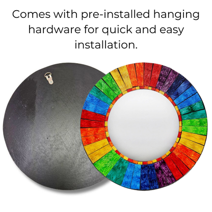 Handmade Rainbow Mosaic Wall Mirror - Bali Glass Art for Home Decor - Add joy to your home with this stunning Round Rainbow Mosaic Wall Mirror. Handmade in Bali, the vibrant glass tiles create a unique, eye-catching piece for any room. Buy Now at Sacred Remedy