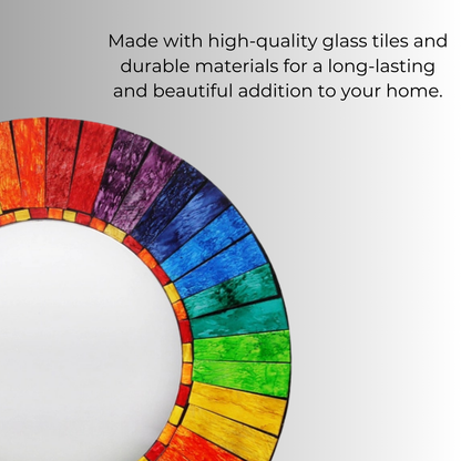 Handmade Rainbow Mosaic Wall Mirror - Bali Glass Art for Home Decor - Add joy to your home with this stunning Round Rainbow Mosaic Wall Mirror. Handmade in Bali, the vibrant glass tiles create a unique, eye-catching piece for any room. Buy Now at Sacred Remedy