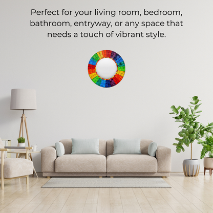 Handmade Rainbow Mosaic Wall Mirror - Bali Glass Art for Home Decor - Add joy to your home with this stunning Round Rainbow Mosaic Wall Mirror. Handmade in Bali, the vibrant glass tiles create a unique, eye-catching piece for any room. Buy Now at Sacred Remedy