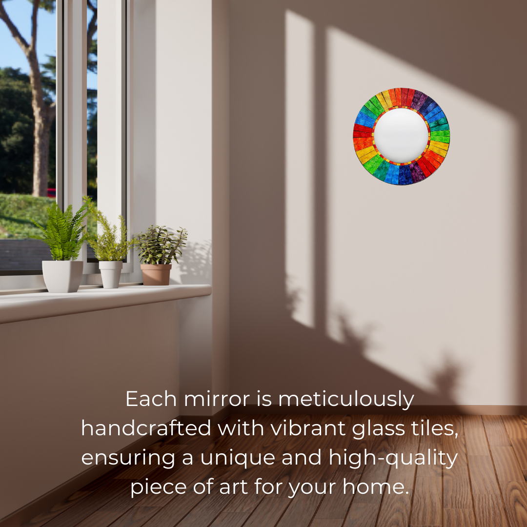 Handmade Rainbow Mosaic Wall Mirror - Bali Glass Art for Home Decor - Add joy to your home with this stunning Round Rainbow Mosaic Wall Mirror. Handmade in Bali, the vibrant glass tiles create a unique, eye-catching piece for any room. Buy Now at Sacred Remedy