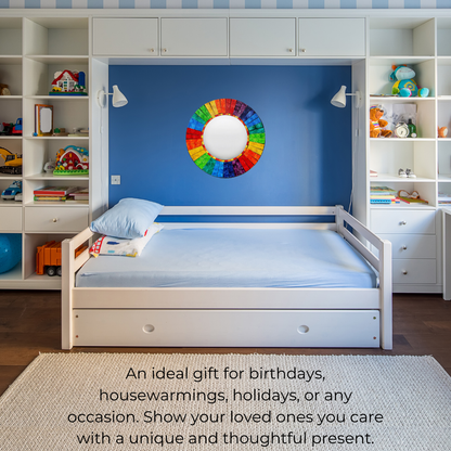 Handmade Rainbow Mosaic Wall Mirror - Bali Glass Art for Home Decor - Add joy to your home with this stunning Round Rainbow Mosaic Wall Mirror. Handmade in Bali, the vibrant glass tiles create a unique, eye-catching piece for any room. Buy Now at Sacred Remedy