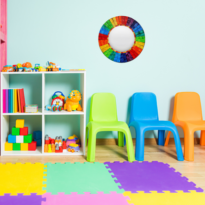 Handmade Rainbow Mosaic Wall Mirror - Bali Glass Art for Home Decor - Add joy to your home with this stunning Round Rainbow Mosaic Wall Mirror. Handmade in Bali, the vibrant glass tiles create a unique, eye-catching piece for any room. Buy Now at Sacred Remedy