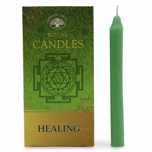 Buy Green Healing [Spell Candles] Pack of 10 for Meditation - Green candles are often used in healing rituals and ceremonies. This colour is also associated with restoring balance, harmony, and related to the heart chakra. Green ritual candles can be used for spiritual and emotional healing as well as helping you focus on your physical health. A set of 10 at Sacred Remedy Online