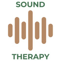 Sound therapy logo with brown sound wave bars and green text on a white background