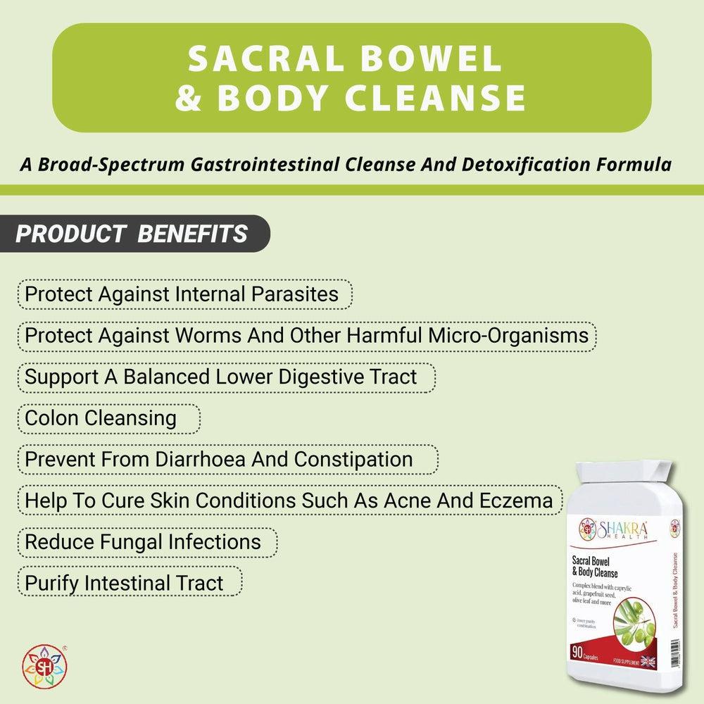 Buy Sacral Bowel & Body Cleanse | Gastrointestinal Cleanse & Protect - A broad-spectrum gastrointestinal cleanse & detoxification formula, to support a balanced lower digestive tract & protect against internal parasites, worms & other harmful micro-organisms. It contains a range of tried & tested herbs and concentrated foods to support digestive tract health, in easy-to-take capsule form. at Sacred Remedy Online