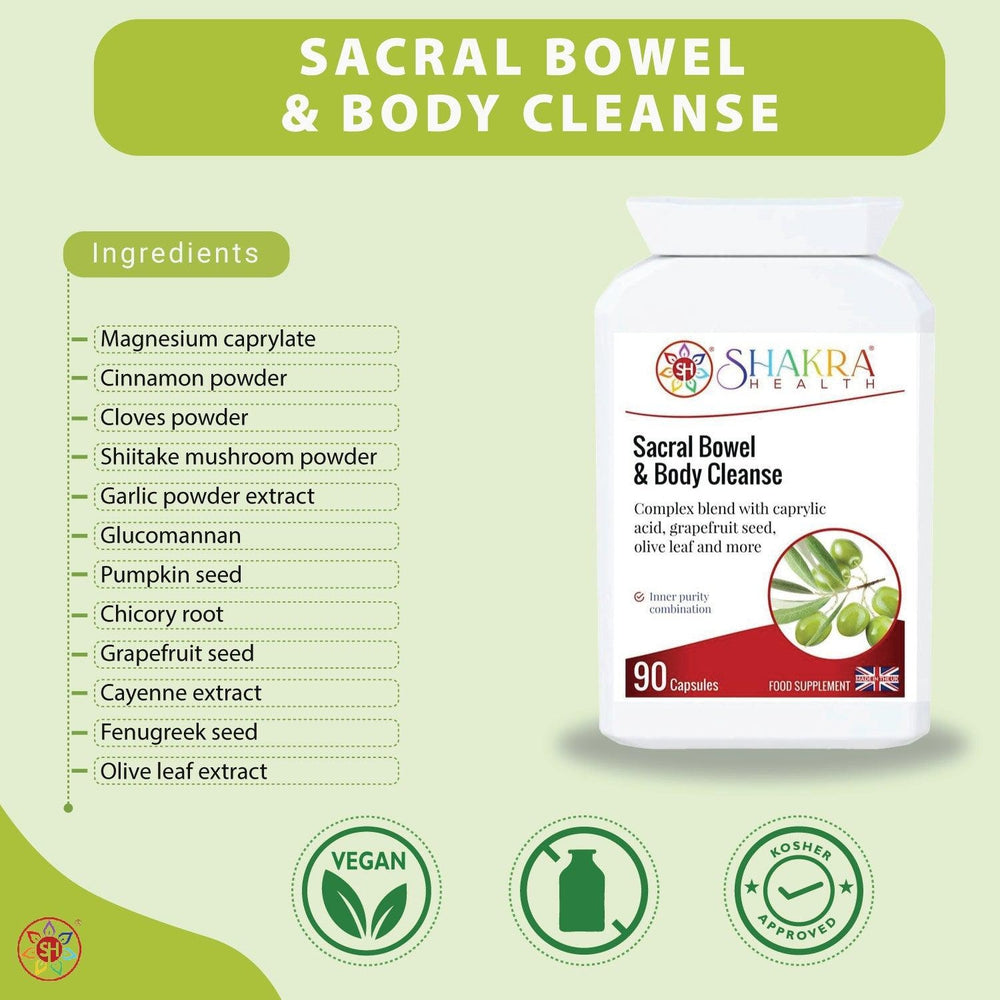 Buy Sacral Bowel & Body Cleanse | Gastrointestinal Cleanse & Protect - A broad-spectrum gastrointestinal cleanse & detoxification formula, to support a balanced lower digestive tract & protect against internal parasites, worms & other harmful micro-organisms. It contains a range of tried & tested herbs and concentrated foods to support digestive tract health, in easy-to-take capsule form. at Sacred Remedy Online