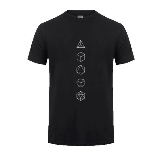 Buy Sacred Geometry Platonic Solid Black T-shirt Mens Yoga Clothing - Mens Spiritually Inspired Summer Tshirt for Casual Wear, Yoga & Active Urban Lifestyles. Greek philosopher Plato c. 360 B.C. theorized the classical elements of the world were made of these regular solids. The five Platonic Solids were thought to represent the five basic elements: earth, air, fire, water & the universe at Sacred Remedy Online