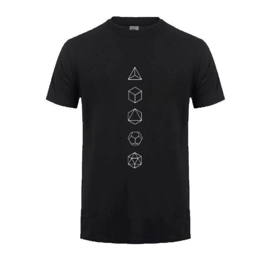 Sacred Geometry Platonic Solid Black T-shirt Mens Yoga Clothing - Mens Spiritually Inspired Summer Tshirt for Casual Wear, Yoga & Active Urban Lifestyles. Greek philosopher Plato c. 360 B.C. theorized the classical elements of the world were made of these regular solids. The five Platonic Solids were thought to represent the five basic elements: earth, air, fire, water & the universe Buy Now at Sacred Remedy