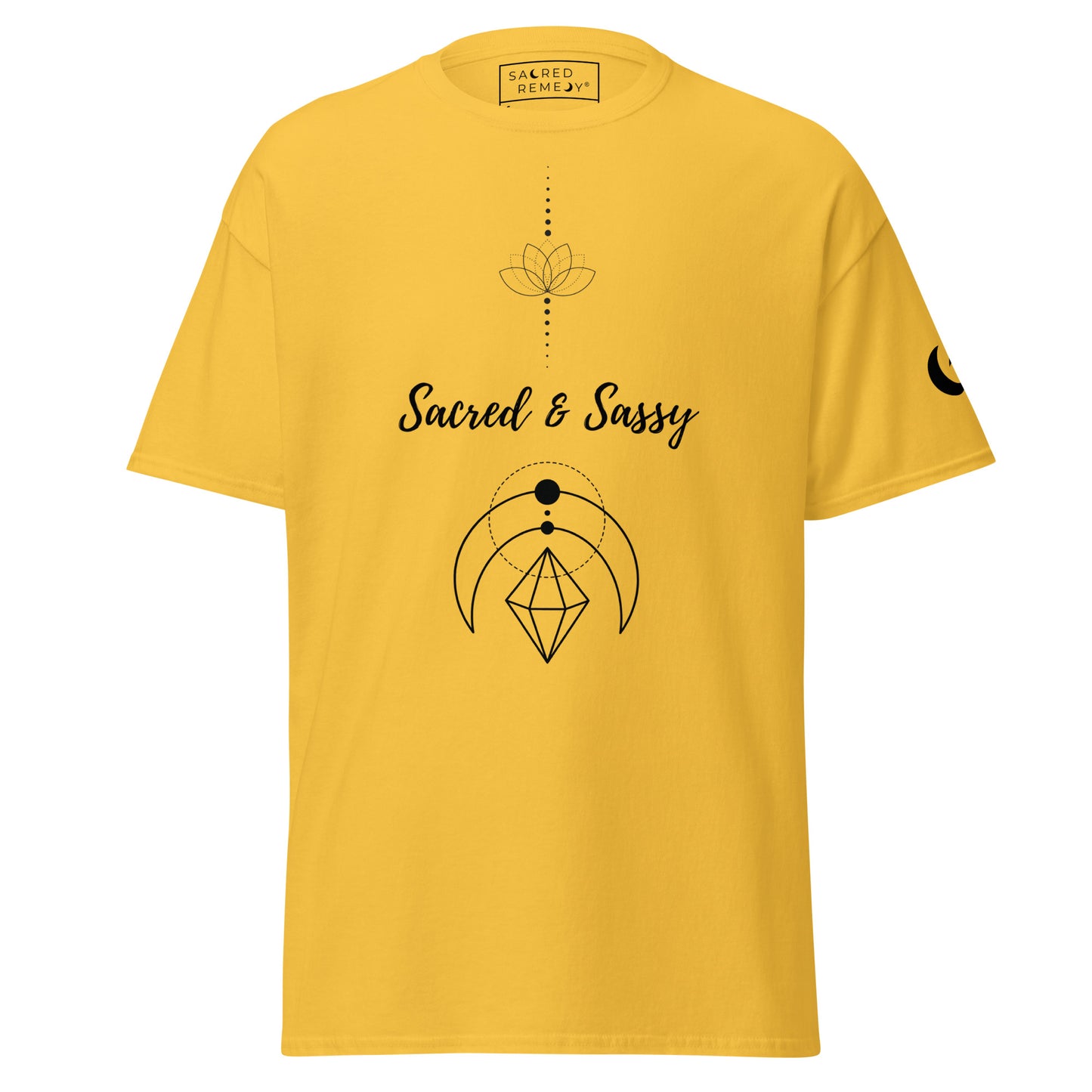 Sacred & Sassy Spiritual Tee | Lotus & Geometry Shirt - Shop the "Sacred & Sassy" spiritual tee. Features lotus and sacred geometry design for balance & confidence. Premium cotton, classic fit, and consciously made. Buy Now at Sacred Remedy