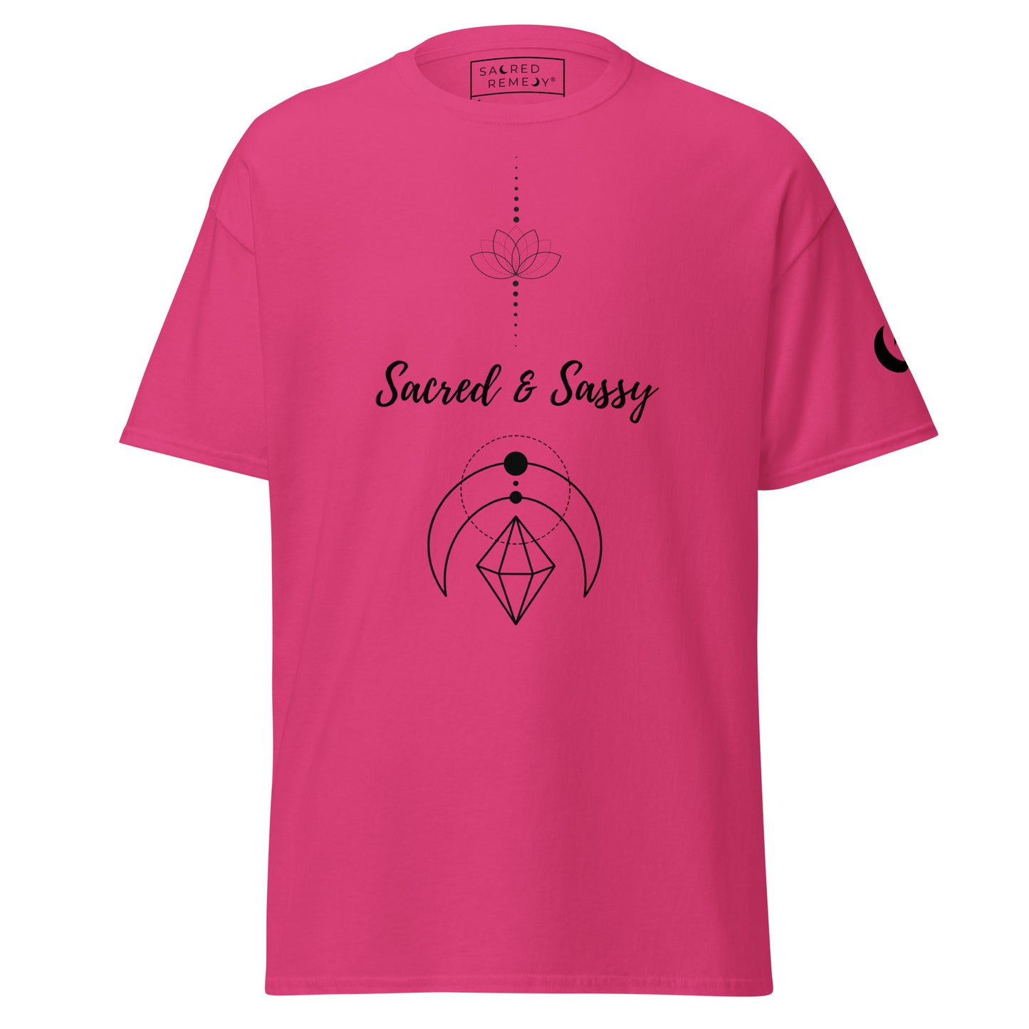 Sacred & Sassy Spiritual Tee | Lotus & Geometry Shirt - Shop the "Sacred & Sassy" spiritual tee. Features lotus and sacred geometry design for balance & confidence. Premium cotton, classic fit, and consciously made. Buy Now at Sacred Remedy