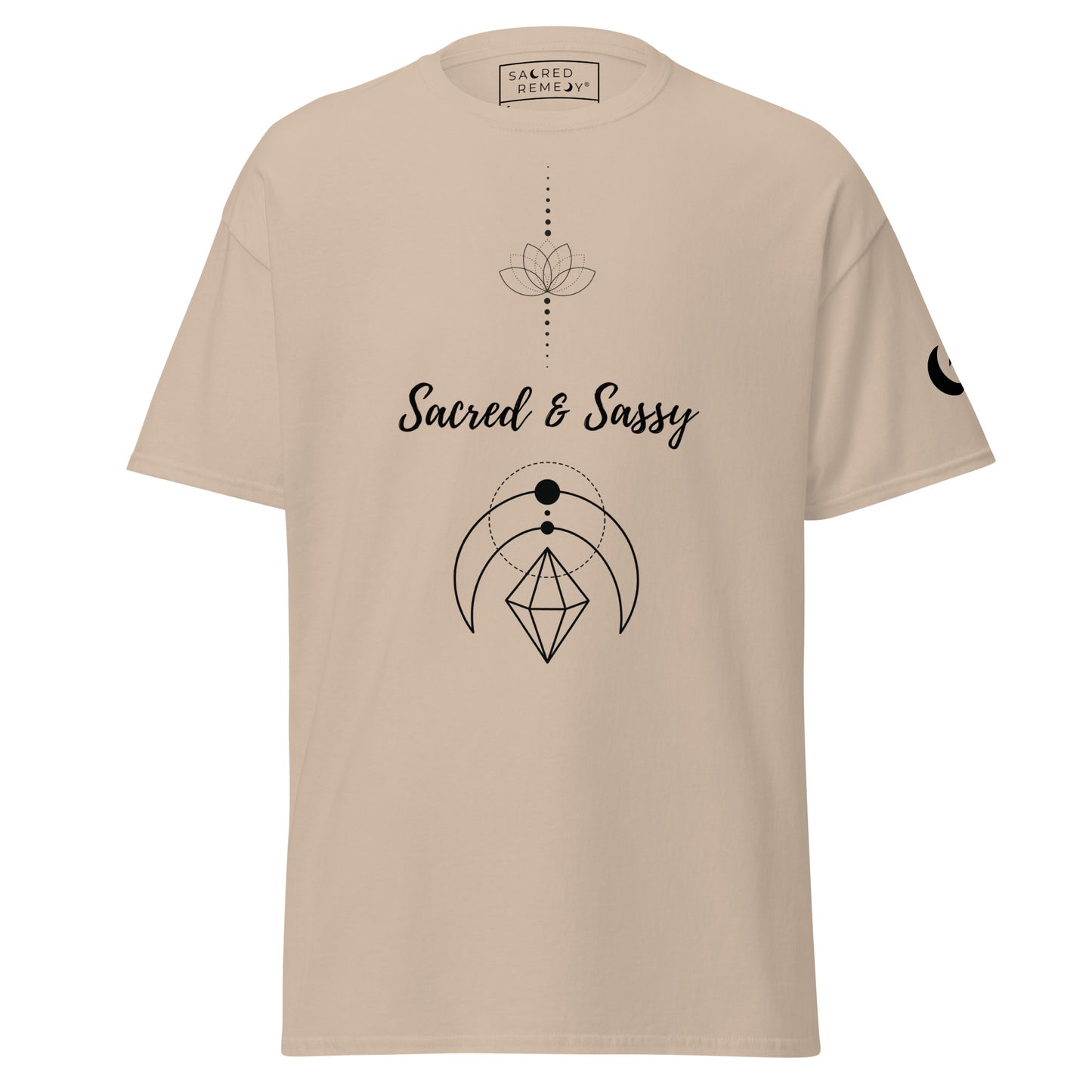 Sacred & Sassy Spiritual Tee | Lotus & Geometry Shirt - Shop the "Sacred & Sassy" spiritual tee. Features lotus and sacred geometry design for balance & confidence. Premium cotton, classic fit, and consciously made. Buy Now at Sacred Remedy