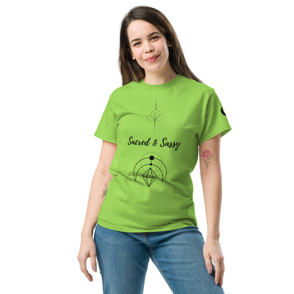 Sacred & Sassy Spiritual Tee | Lotus & Geometry Shirt - Shop the "Sacred & Sassy" spiritual tee. Features lotus and sacred geometry design for balance & confidence. Premium cotton, classic fit, and consciously made. Buy Now at Sacred Remedy