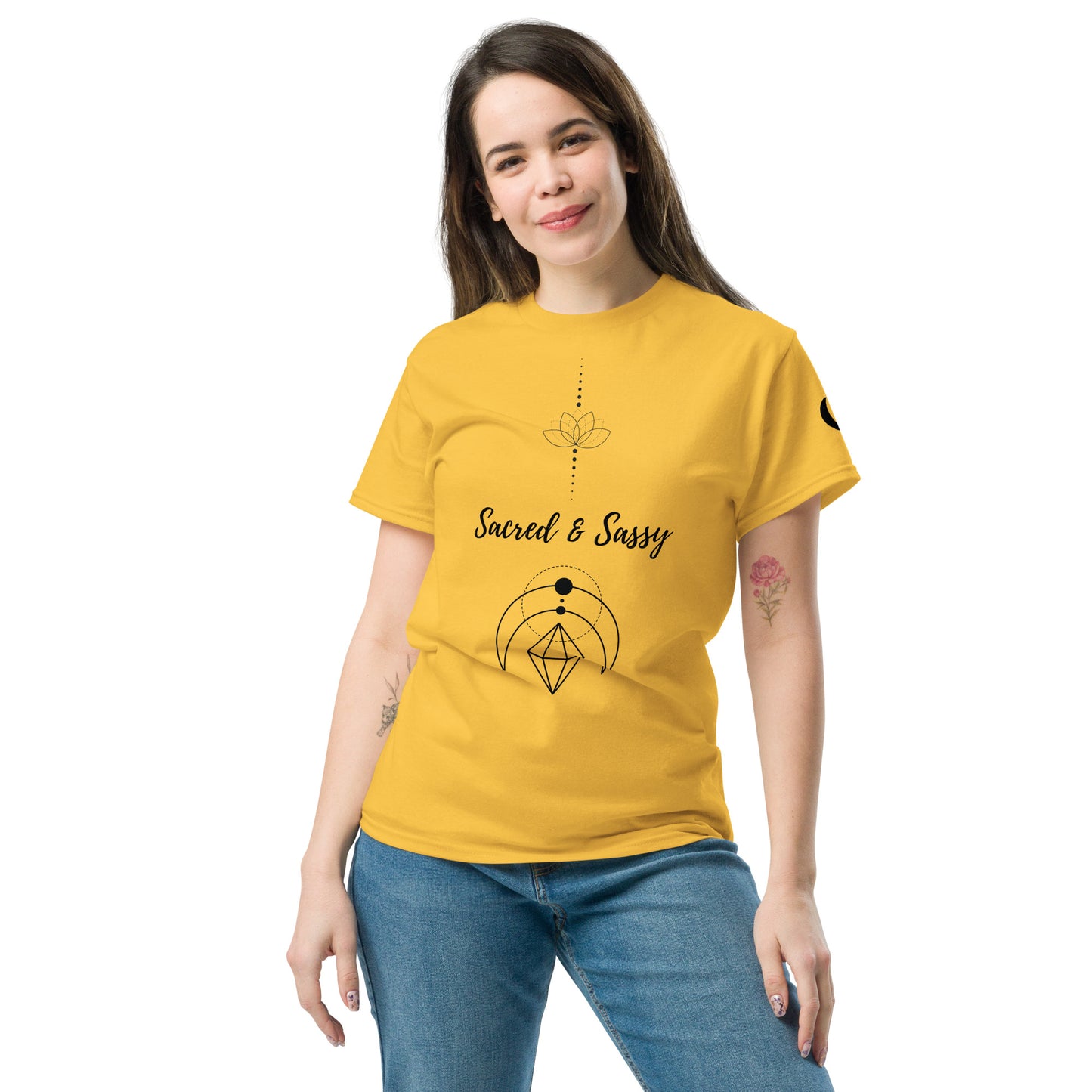 Sacred & Sassy Spiritual Tee | Lotus & Geometry Shirt - Shop the "Sacred & Sassy" spiritual tee. Features lotus and sacred geometry design for balance & confidence. Premium cotton, classic fit, and consciously made. Buy Now at Sacred Remedy