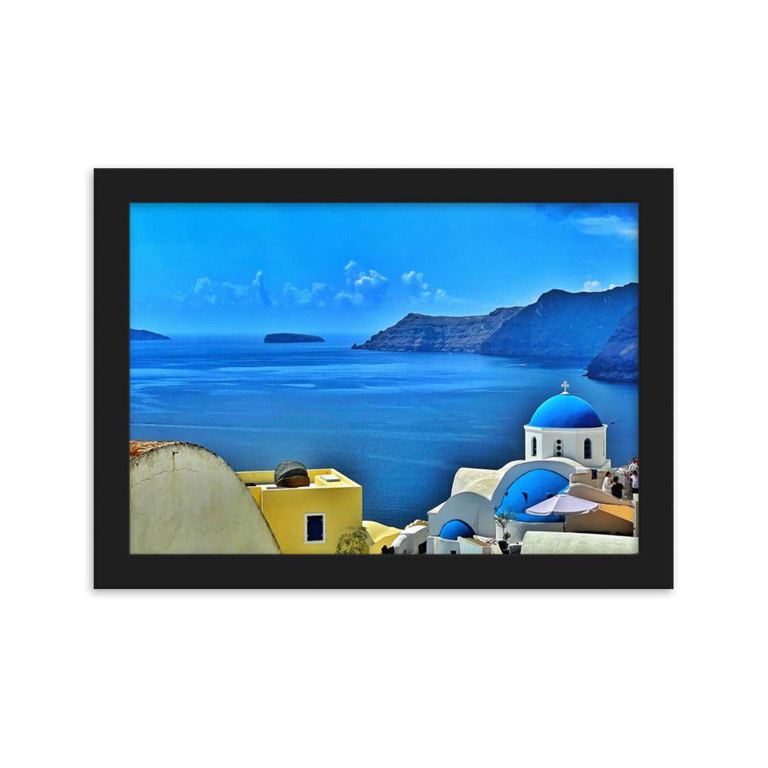 Santorini Ocean View Framed Print | Vibrant Landscape Art - Stunning Santorini Landscape framed matte print. Vibrant blue ocean view original photography for uplifting home and office wall art. Eco-conscious. Buy Now at Sacred Remedy