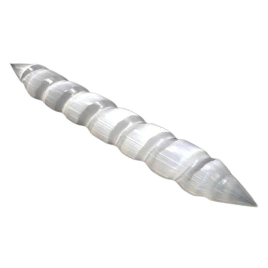 Selenite Spiral Double Point Massage Wand | Aura Combing - It is generally accepted that Selenite is one of the most powerful crystals for healing. Also it is connecting to the third eye, crown and etheric chakras. Some say it promotes purity and honesty. It is said it forces the person holding it to be honest with themselves. Buy Now at Sacred Remedy