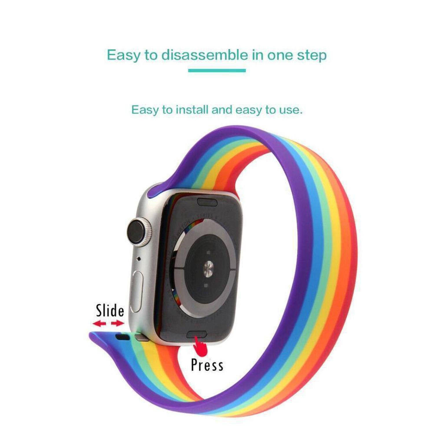 Rainbow Pride Silicone Apple Watch Strap | Vibrant & Soft - Celebrate Pride with our soft, durable silicone Apple Watch strap in the iconic rainbow design. Secure pin-and-tuck closure. Fits all Apple Watch models. Buy Now at Sacred Remedy