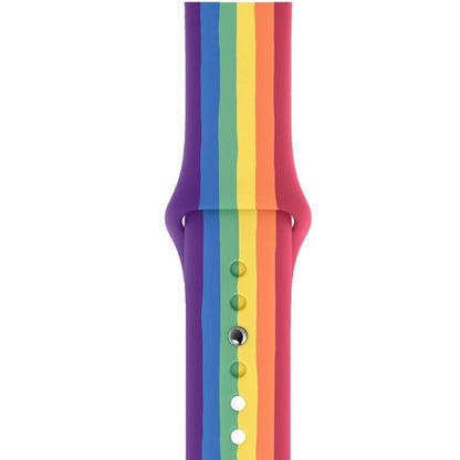 Rainbow Pride Silicone Apple Watch Strap | Vibrant & Soft - Celebrate Pride with our soft, durable silicone Apple Watch strap in the iconic rainbow design. Secure pin-and-tuck closure. Fits all Apple Watch models. Buy Now at Sacred Remedy