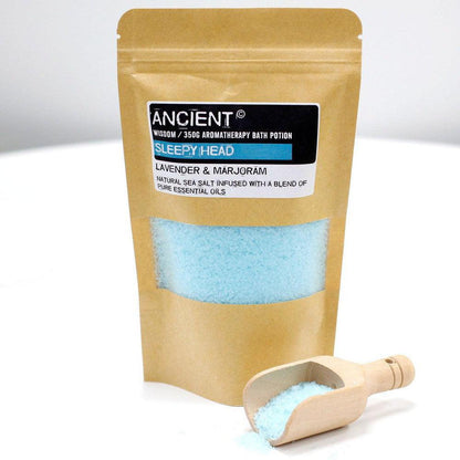 Sleepy Head Bath Salts | Lavender & Marjoram for Restful Sleep - Pure Lavender & Marjoram Bath Salts for deep relaxation and restful sleep. Therapeutic sea salts ease muscle pain and soothe tired skin. Natural UK made. Buy Now at Sacred Remedy