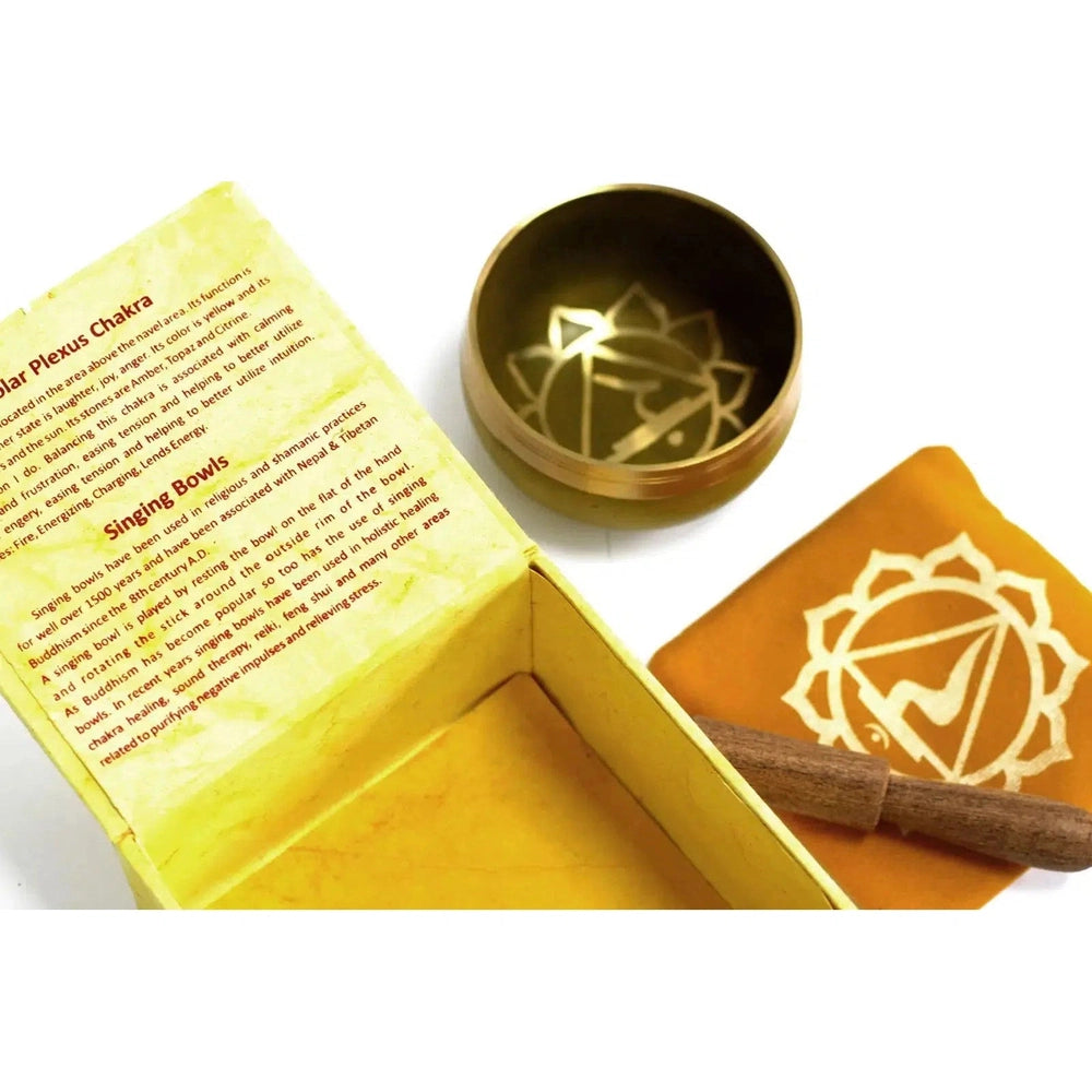 Buy Solar Plexus Chakra Singing Bowl Gift Set. Meditation & Sound Therapy - A singing bowl is played by resting the bowl on the flat of the hand and rotating the stick around the outside rim of the bowl. The perfect Chakra gift, use the wood end of the stick to make the bowl sing. A gift that will make someone more than happy - bringing a little extra inner calm. at Sacred Remedy Online