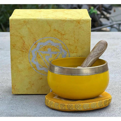 Solar Plexus Chakra Singing Bowl Set - Confidence & Inner Power - Chakra Singing Bowl tuned to the Solar Plexus (Manipura). Promotes confidence, self-motivation & inner fire. Perfect for meditation and sound healing. Buy Now at Sacred Remedy