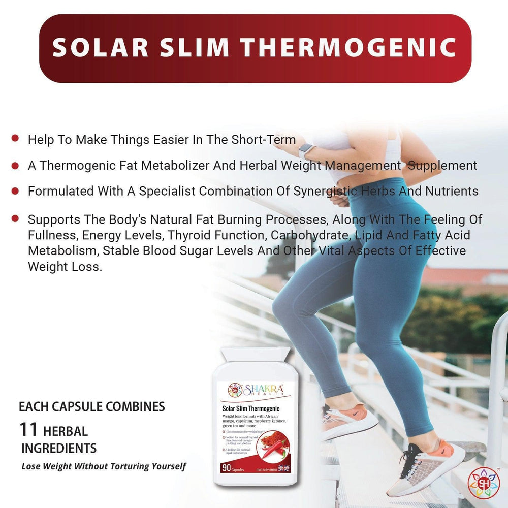 Buy Solar Slim Thermogenic Herbal Fat Metaboliser & Natural Weight Reduction Supplement - Reduce Your Belly Without Torturing Yourself. This thermogenic fat metaboliser & herbal weight management supplement, supports the body's natural fat burning processes, along with the feeling of fullness, energy levels, thyroid function, carbohydrate, lipid & fatty acid metabolism, stable blood sugar levels at Sacred Remedy Online