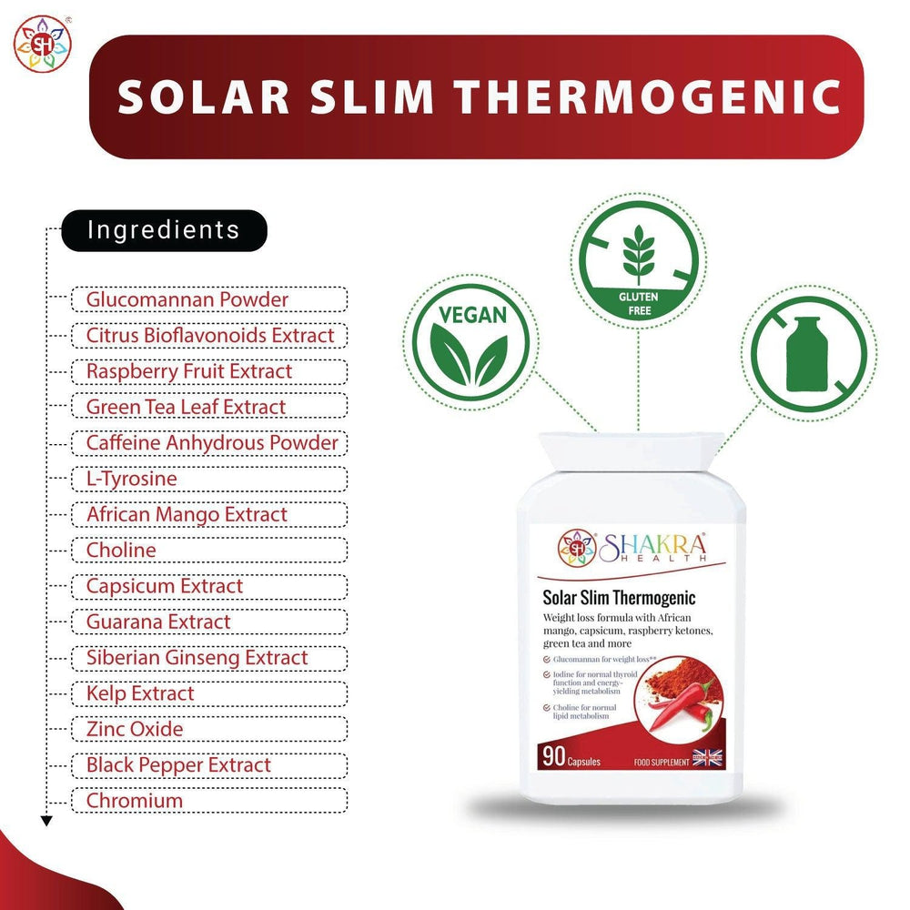 Buy Solar Slim Thermogenic Herbal Fat Metaboliser & Natural Weight Reduction Supplement - Reduce Your Belly Without Torturing Yourself. This thermogenic fat metaboliser & herbal weight management supplement, supports the body's natural fat burning processes, along with the feeling of fullness, energy levels, thyroid function, carbohydrate, lipid & fatty acid metabolism, stable blood sugar levels at Sacred Remedy Online