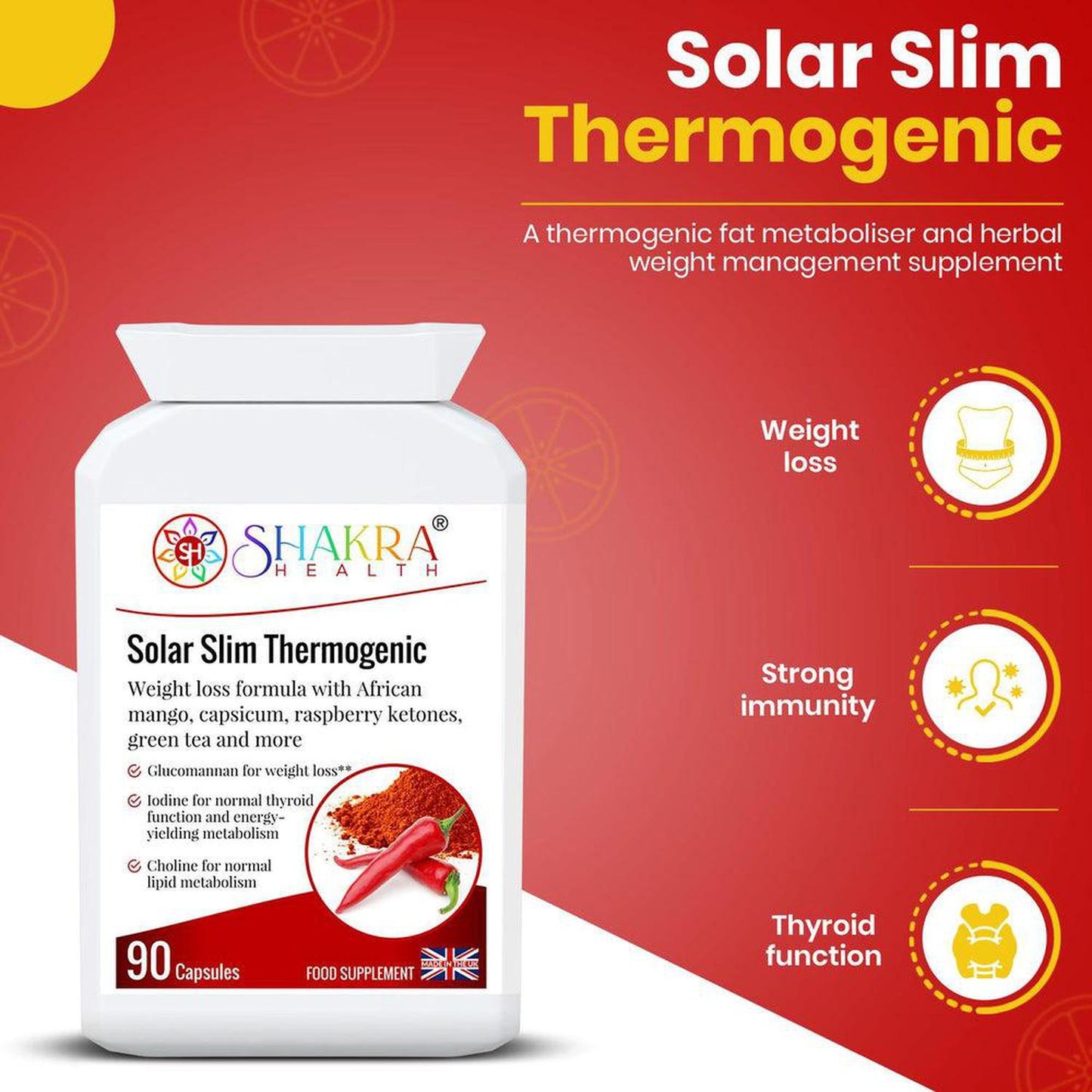 Solar Slim Thermogenic Herbal Fat Metaboliser & Natural Weight Reduction Supplement - Reduce Your Belly Without Torturing Yourself. This thermogenic fat metaboliser & herbal weight management supplement, supports the body's natural fat burning processes, along with the feeling of fullness, energy levels, thyroid function, carbohydrate, lipid & fatty acid metabolism, stable blood sugar levels Buy Now at Sacred Remedy