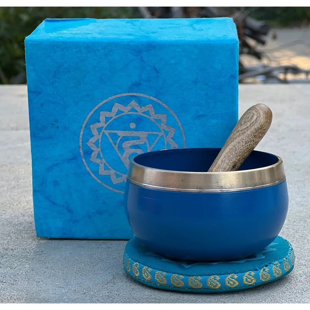 Buy Throat Chakra Singing Bowl Gift Set for Meditation & Sound Therapy - When the energy of the Vishuddha Chakra is imbalanced, communication breaks down. We refuse to listen to our inner Self and to others. Others are unable to understand us and feelings of loneliness surround us. Meditation on I speak. Balancing this chakra is important for the speech and communication areas of the brain. at Sacred Remedy Online